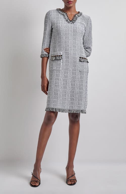 Misook Fringe Trim Shift Dress In White/black