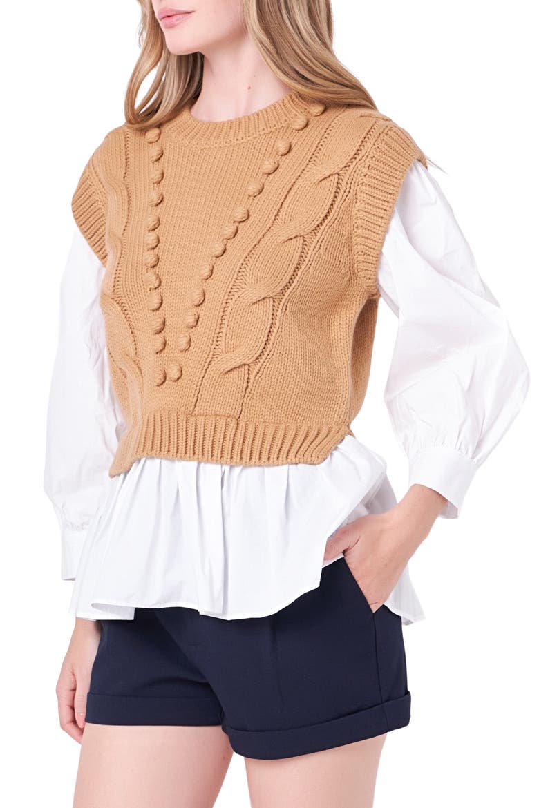 Mixed Media Cable Stitch Sweater, Alternate, color, TAN/ WHITE