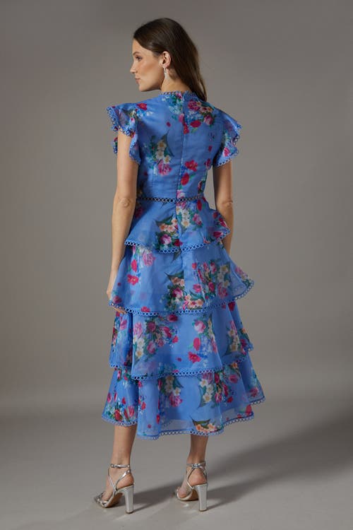 Coast Lace Trim Tiered Organza Midi Dress In Blue