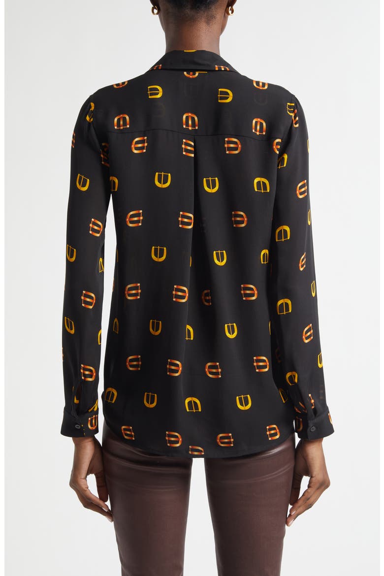 Nina Horsebit Print Silk Button-Up Shirt, Alternate, color, BLACK MULTI CONV BUCKLE