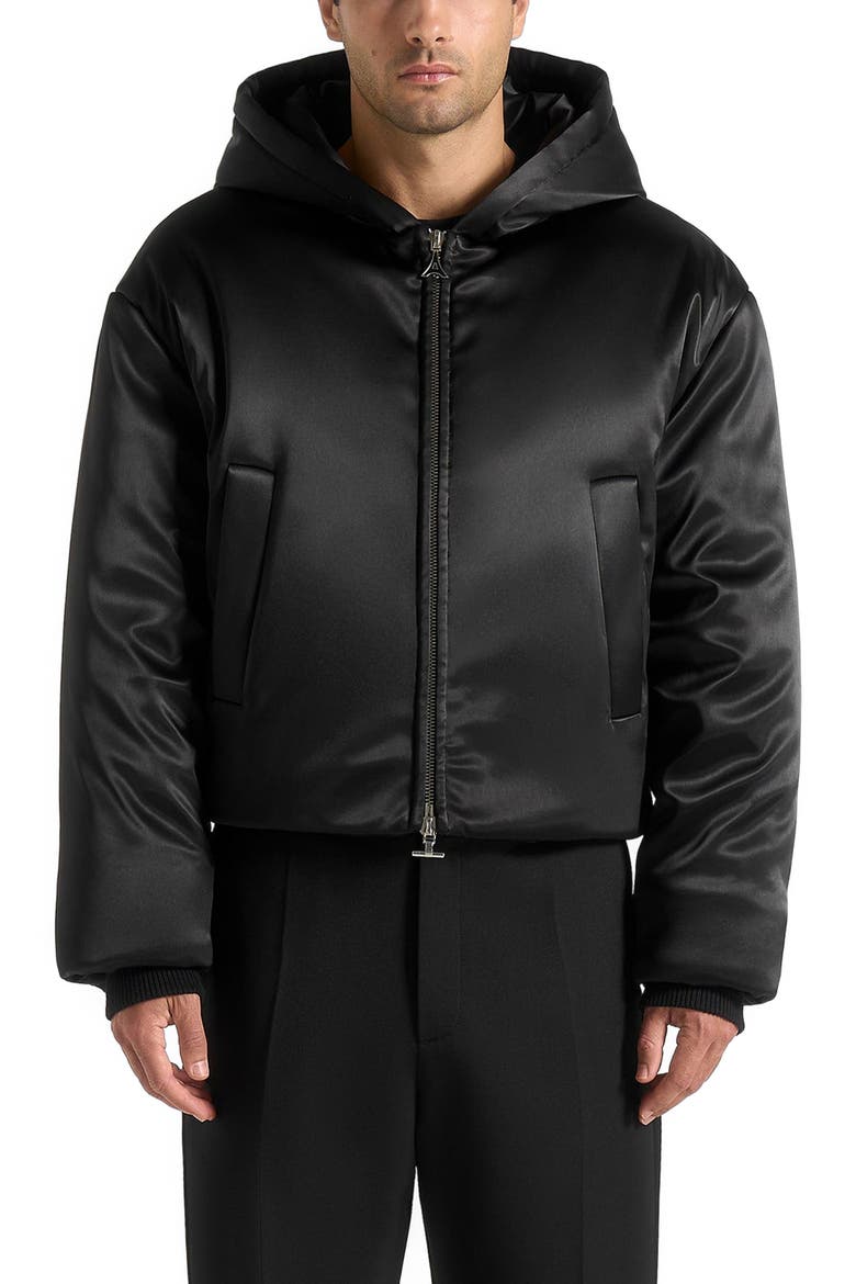 Dario Satin Cropped Hooded Jacket, Main, color, Black