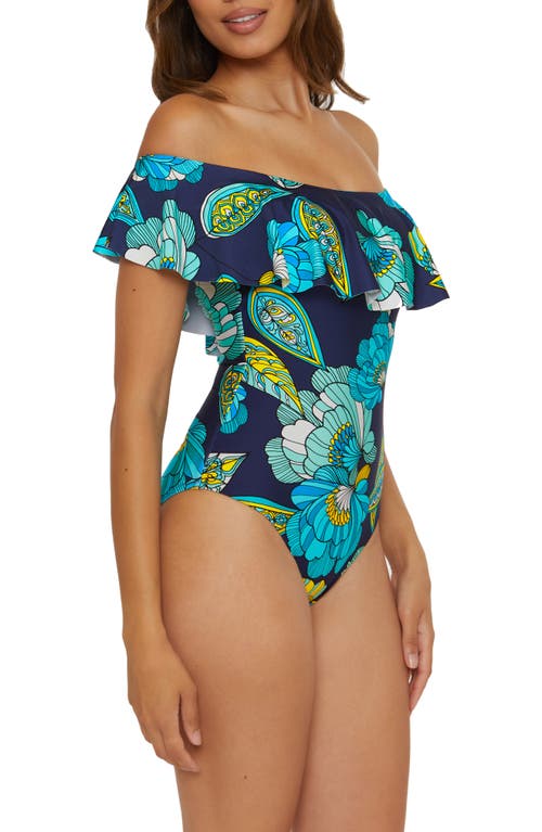 Trina Turk Pirouette Ruffle Off The Shoulder One-piece Swimsuit In Navy Multi