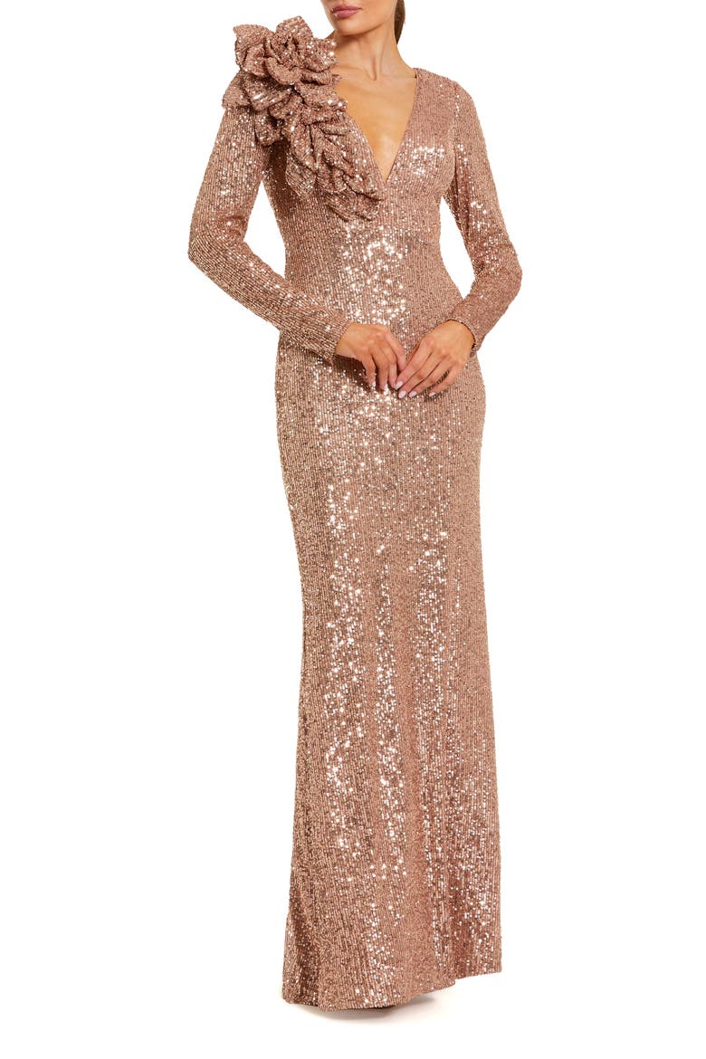 Women's V-Neck Sequin Evening Gown with 3D Floral Appliqué, Main, color, Copper