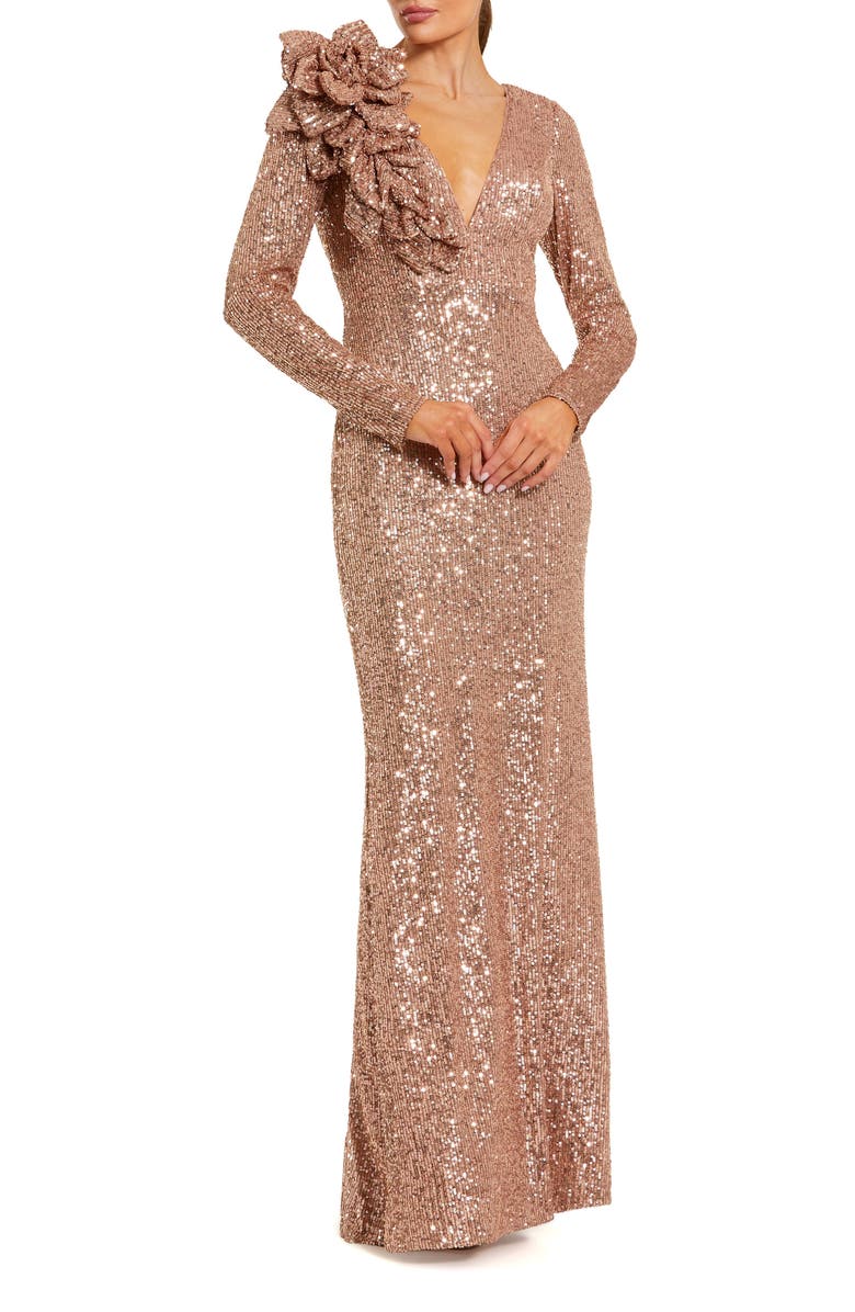 Mac Duggal Women's V-Neck Sequin Evening Gown with 3D Floral Appliqué, Main, color, Copper