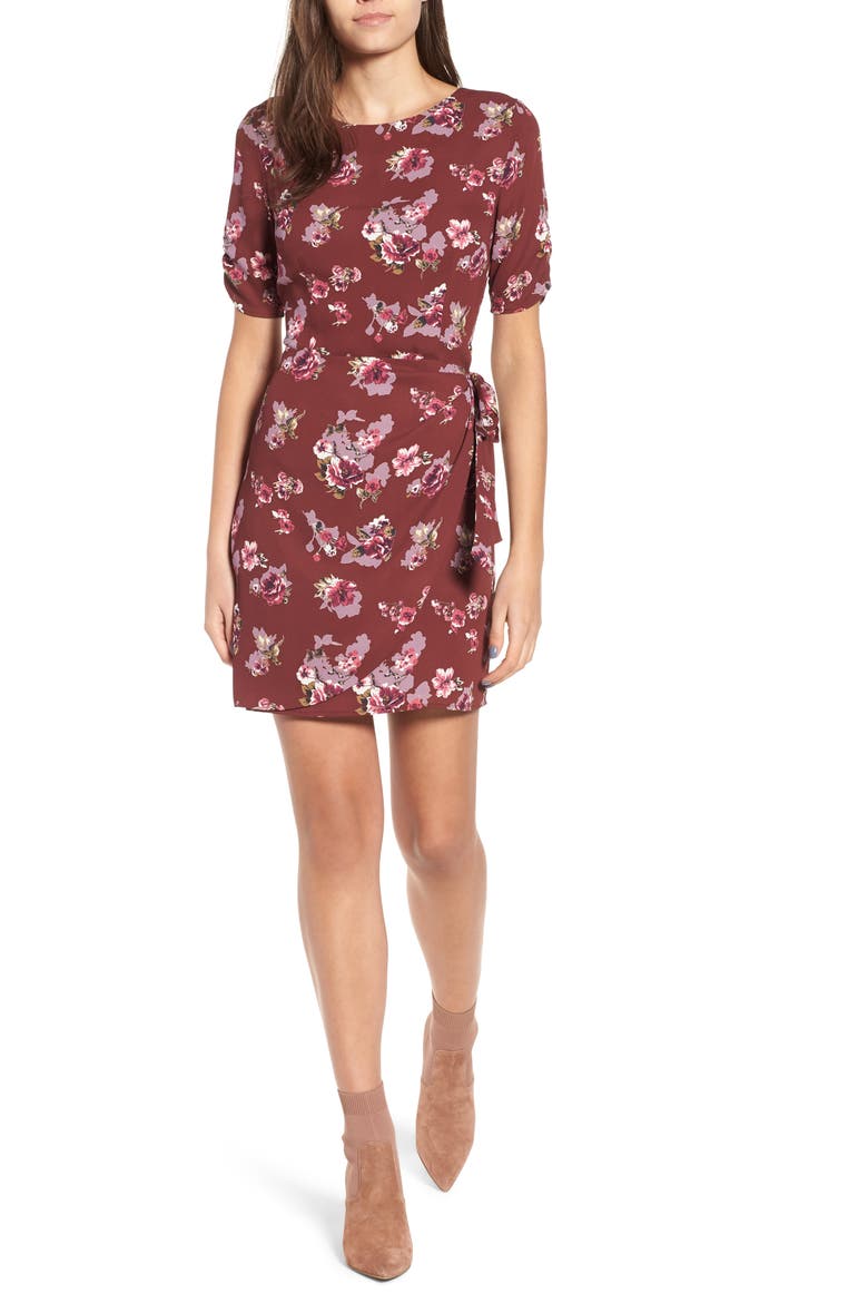 Wrap Front Dress, Main, color, BURGUNDY MULTI FLORAL