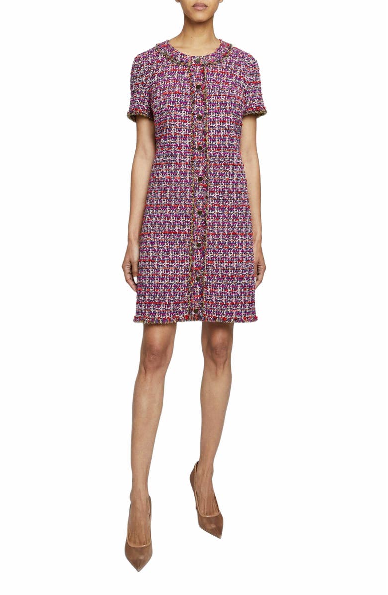 Santorelli Shea Short Sleeve Shift Dress in Lightweight Modern Tweed, Main, color, Magenta Multi