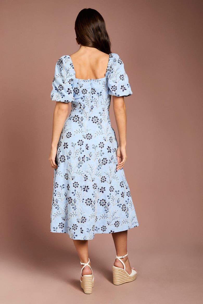Puff Sleeve Embroidered Midi Dress, Alternate, color, Blue
