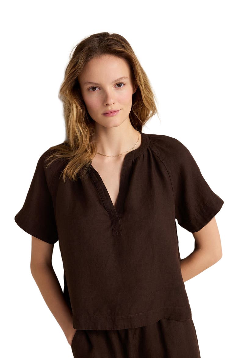 Linen Gathered V-Neck Top, Main, color, Coffee Bean