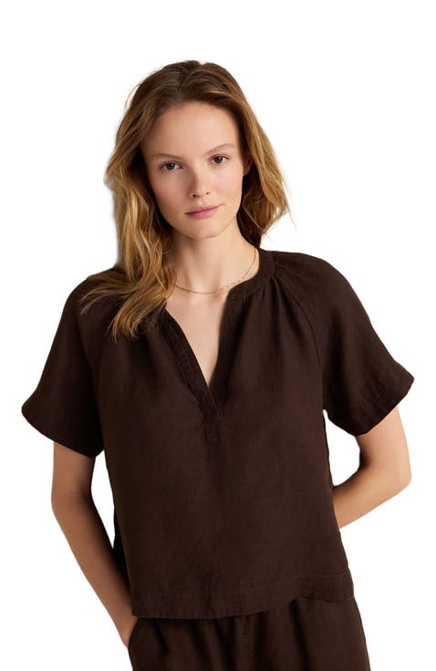 Linen Gathered V-Neck Top