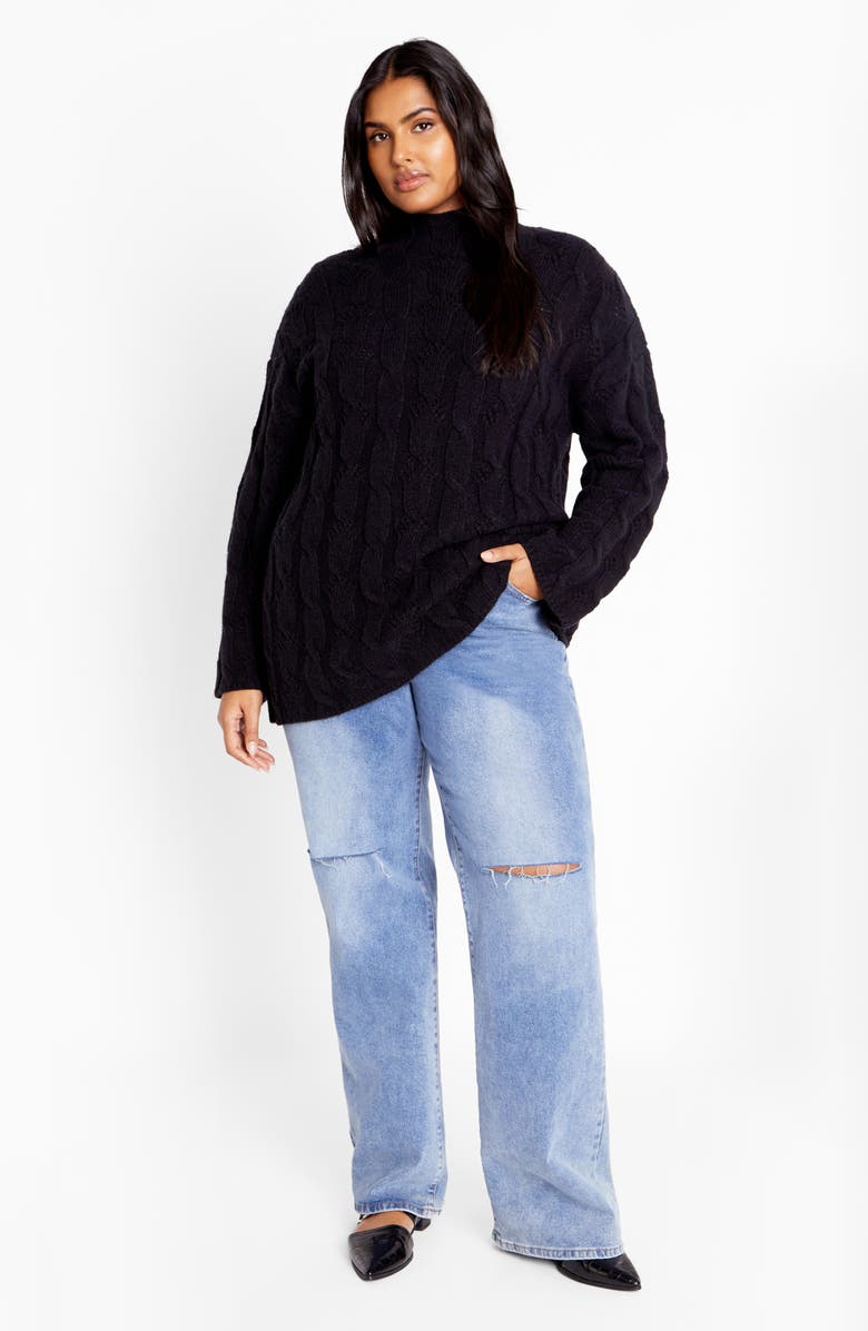 City Chic Iris Mock Neck Cable Knit Sweater, Alternate, color, Black