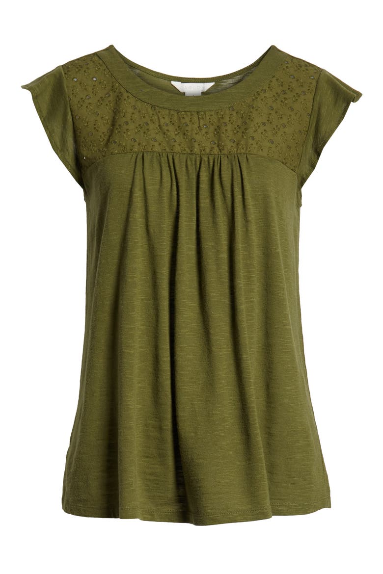 Eyelet Detail Baby Doll Top, Alternate, color, OLIVE MOSS