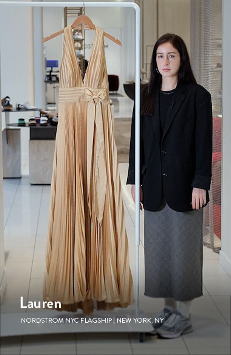 Pleated Halter Neck Satin Gown, sales video thumbnail