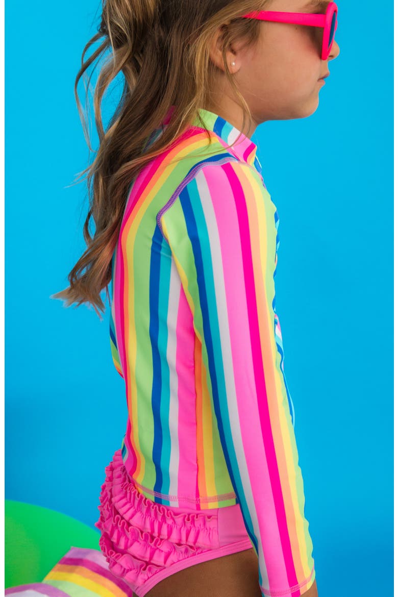 Kids' Long Sleeve Ruffle Hem Two-Piece Rashguard Swimsuit, Alternate, color, PINK MULTI