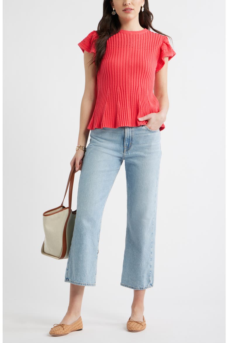 Flutter Sleeve Pima Cotton Sweater, Alternate, color, RED GERANIUM