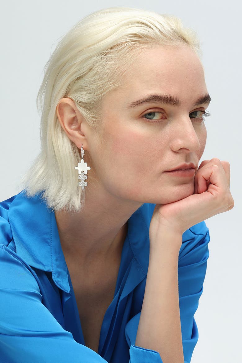 Jigsaw Puzzle Drop Earrings, Alternate, color, Silver