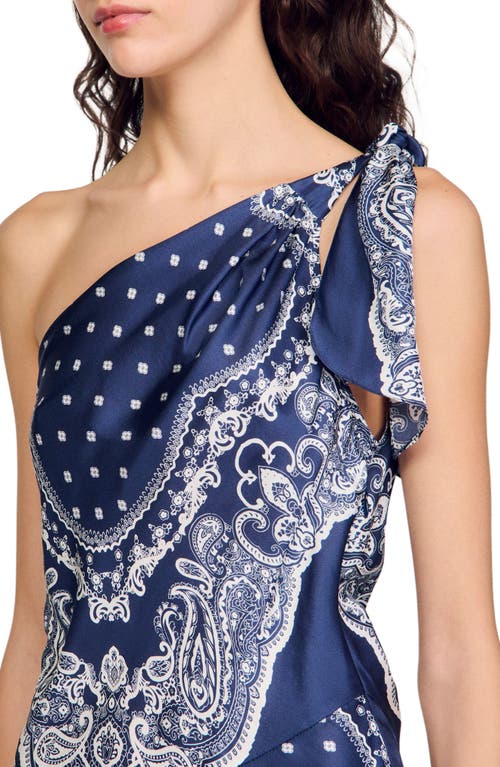 Sandro Womens Bleus Graphic-print One-shoulder Woven Maxi Dress In Blu/white