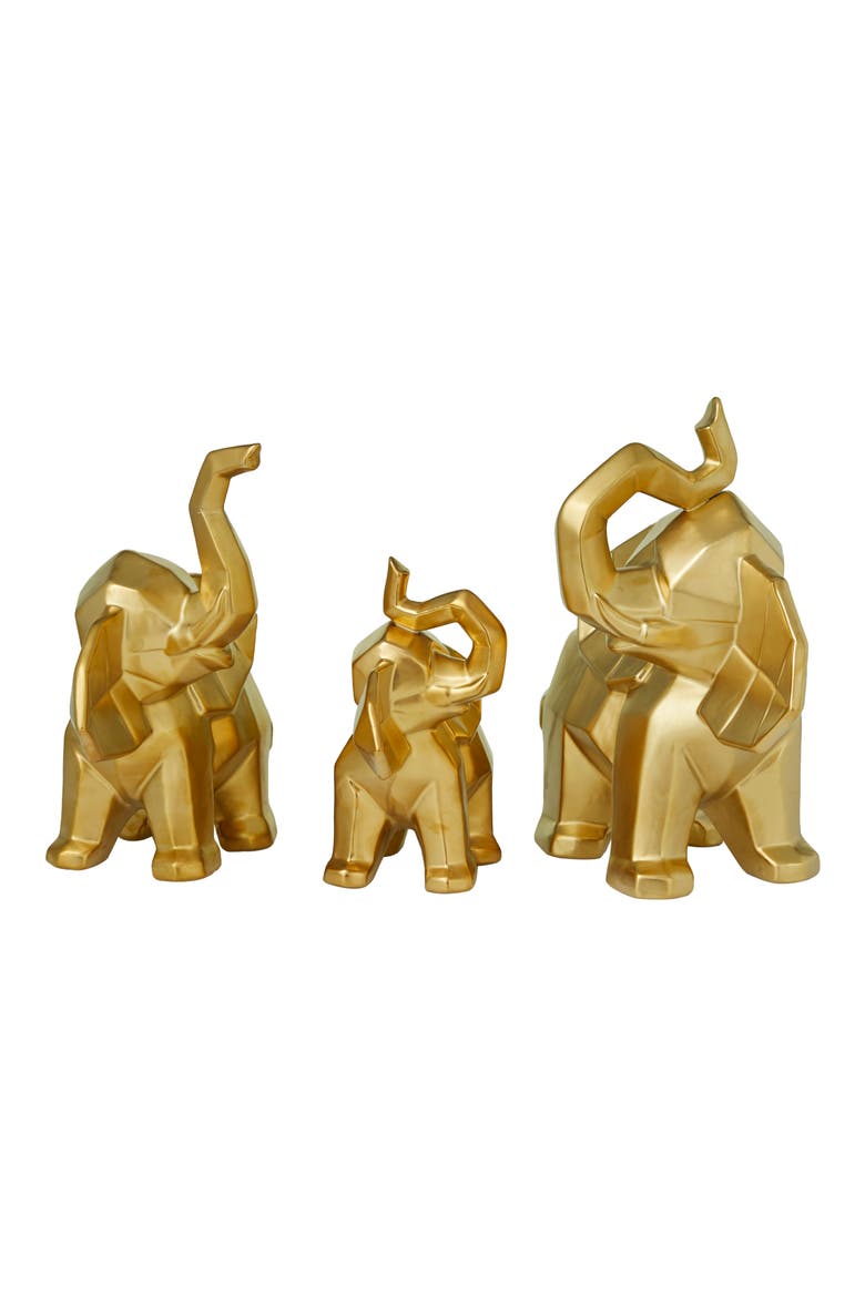 Goldtone Porcelain Glam Elephant Sculpture - Set of 3, Main, color, GOLD