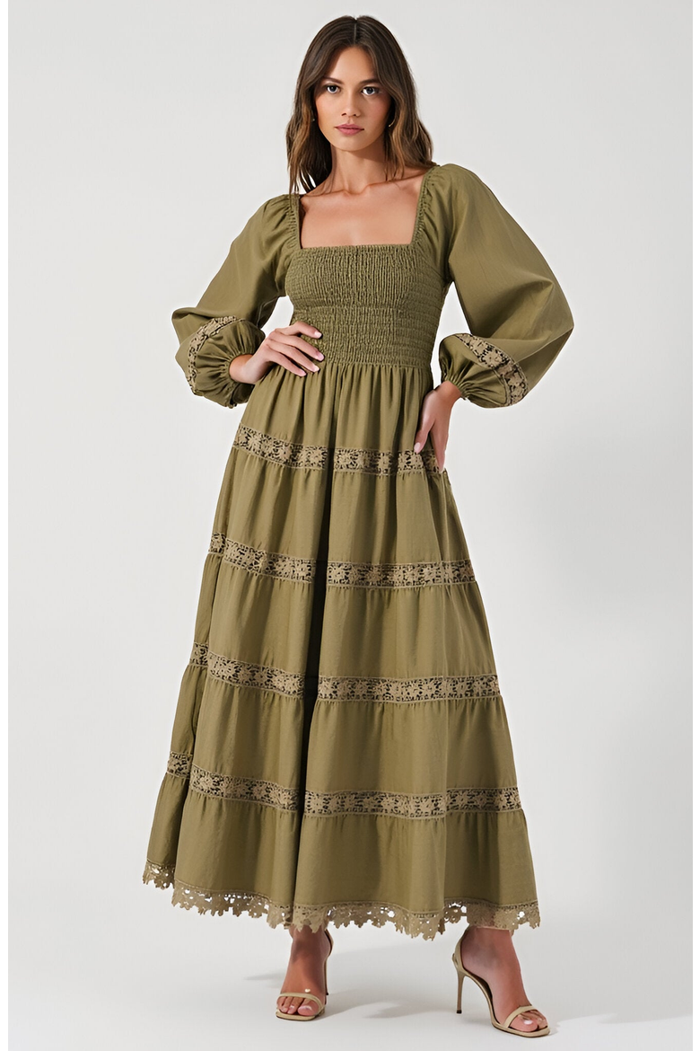 Smocked Bodice Maxi Dress with Lace Inset Tiers and Long Puff Sleeves, Main, color, Olive Green