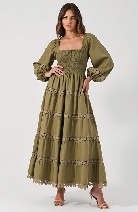 Smocked Bodice Maxi Dress with Lace Inset Tiers and Long Puff Sleeves