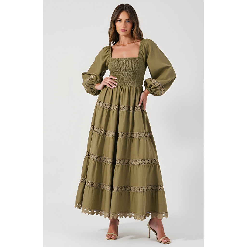 Modenaire Smocked Bodice Maxi Dress With Lace Inset Tiers And Long Puff Sleeves In Green