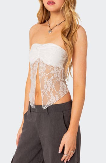 EDIKTED Twilight Split Front Lace Strapless Top | Nordstrom