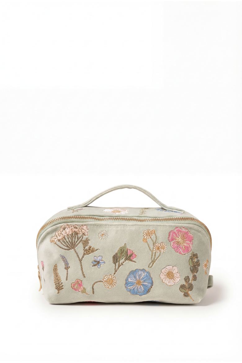 Pressed Flowers Velvet Open Flat Makeup Bag, Main, color, Sage