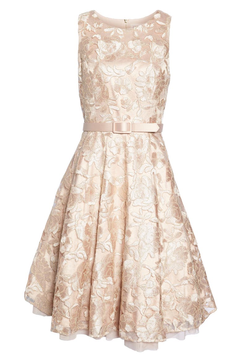 Belted Lace Fit & Flare Dress, Alternate, color, GOLD