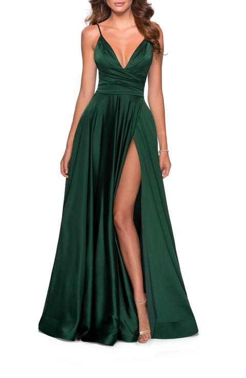 Long Satin Dress with Side Slit and V Shaped Back