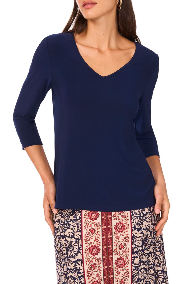 Vince Camuto V-Neck Stretch Jersey Top, Main, color, Classic Navy