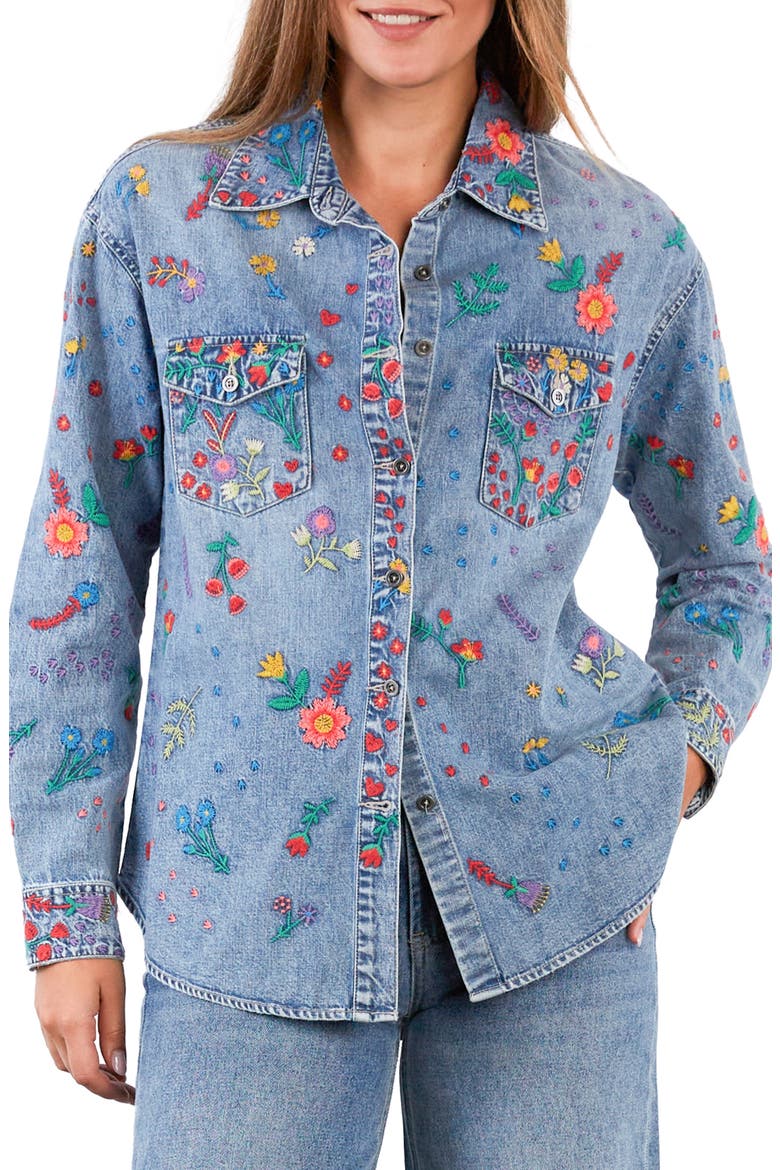 Embroidered Floral Garden Denim Shirt Jacket, Main, color, DENIM