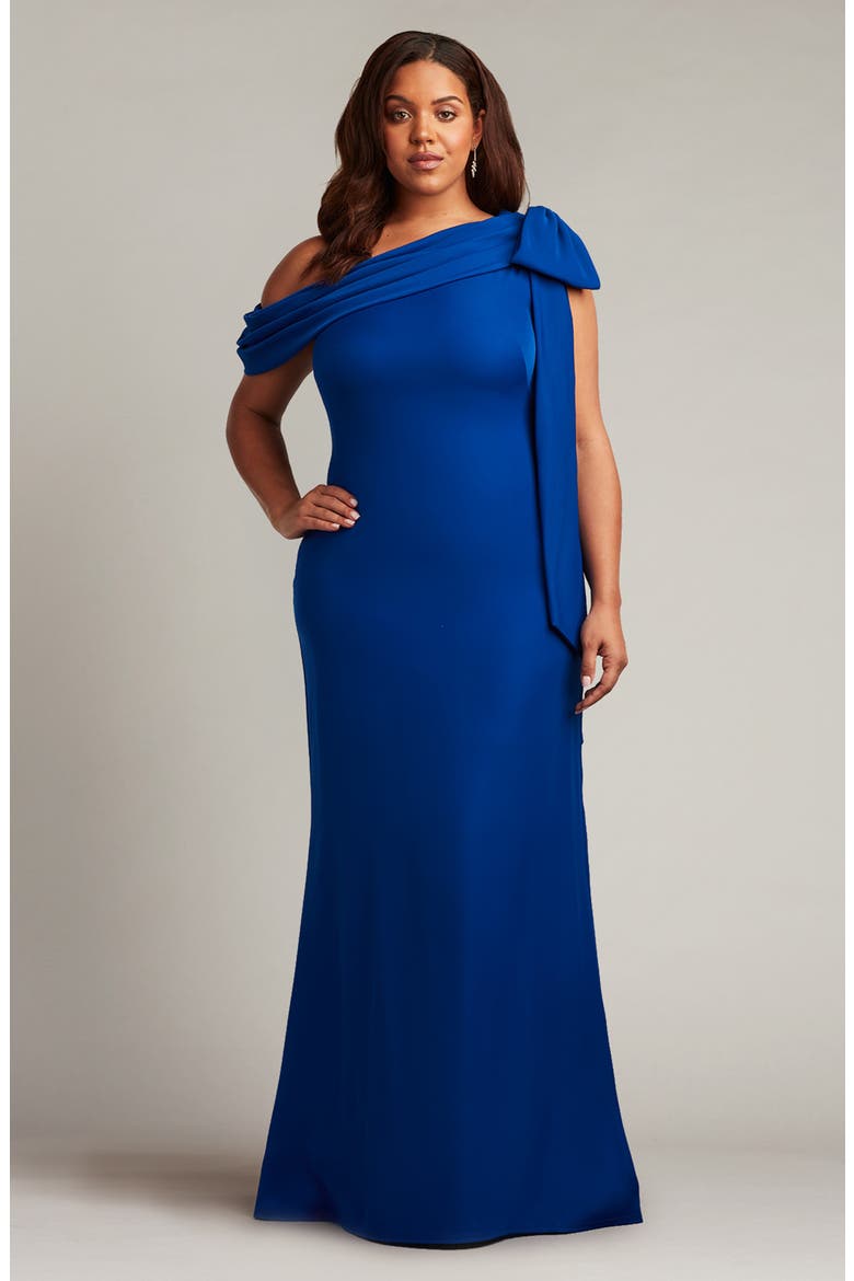 One-Shoulder Bow Detail Crepe Gown, Alternate, color, ROYAL BLUE