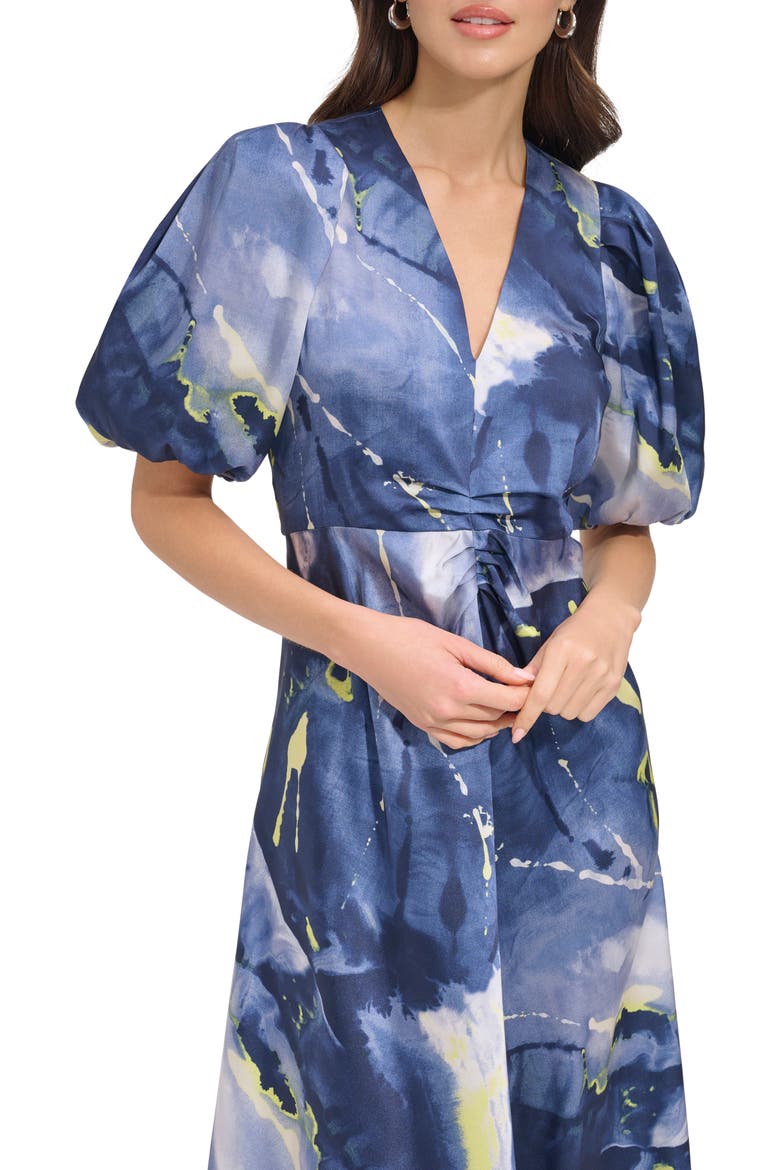 Print Puff Sleeve Satin Midi Dress, Alternate, color, FLUORO YELLOW/ INKY BLUE MULTI