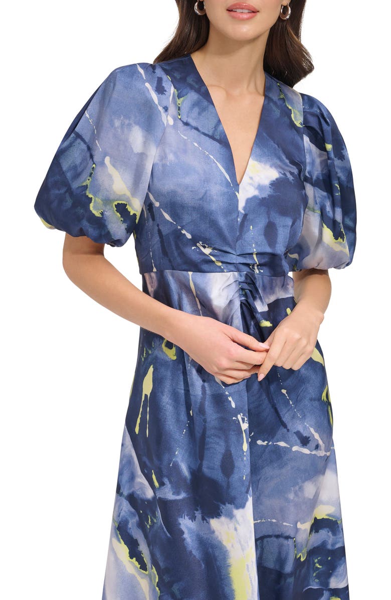 DKNY Print Puff Sleeve Satin Midi Dress, Alternate, color, Fluoro Yellow/ Inky Blue Multi