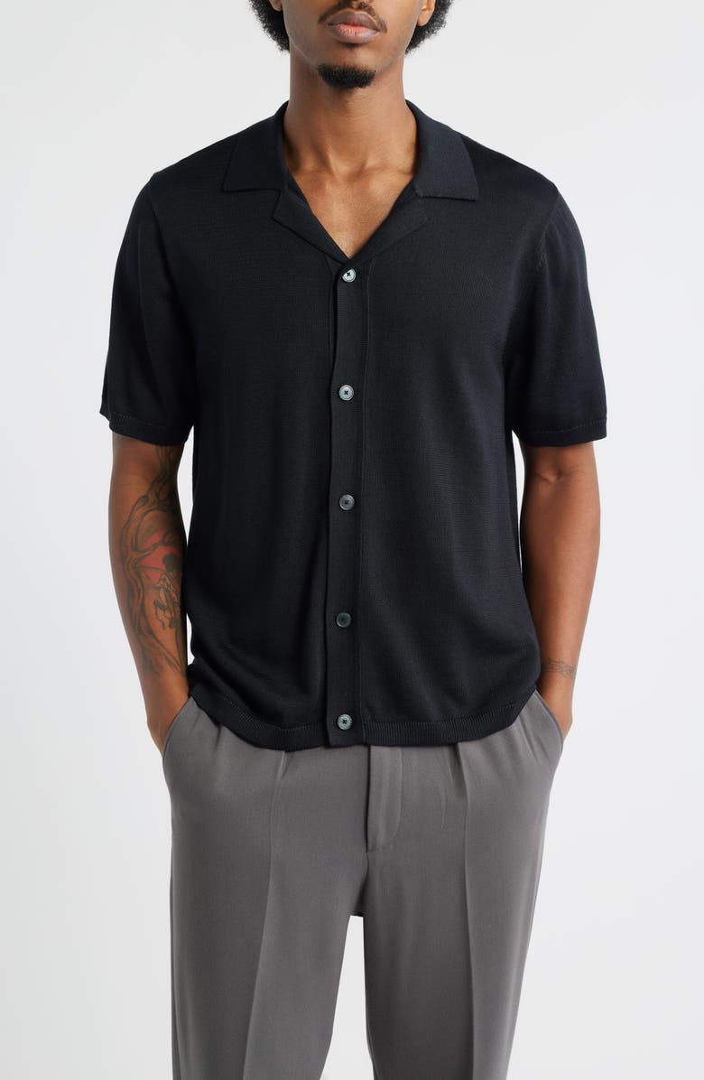 Open Edit Camp Short Sleeve Button Up Sweater, Main, color, Black Caviar