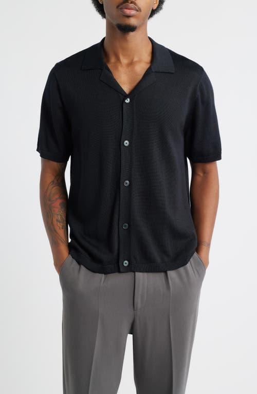 Open Edit Camp Short Sleeve Button Up Sweater In Black
