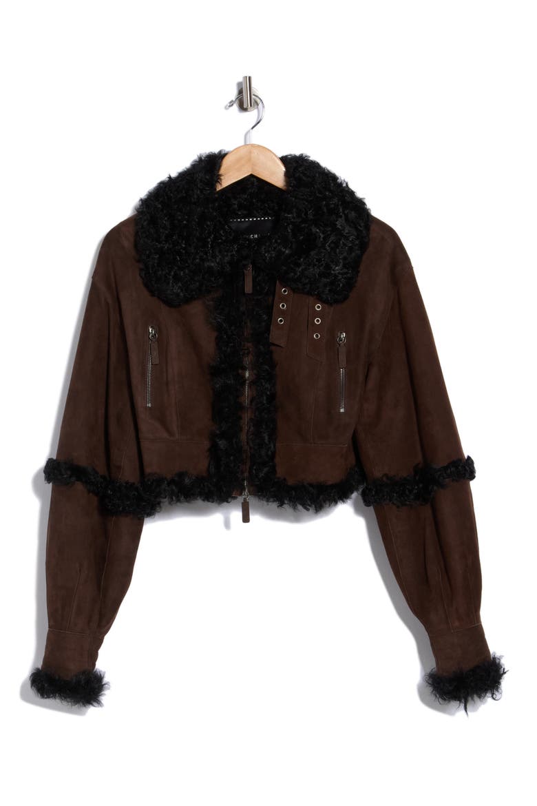 Cropped Suede Jacket with Faux-Shearling Trim, Alternate, color, EBONY