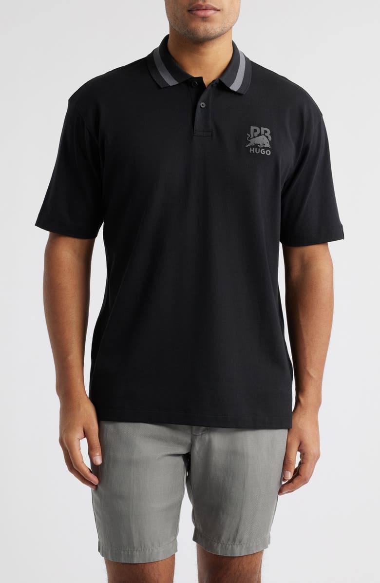 HUGO x RB Formula One<sup>™</sup> Team Relaxed Fit Stretch Piqué Polo, Main, color, Black