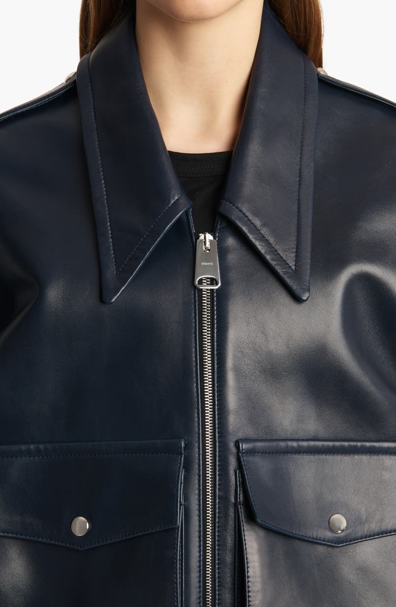 Khaite Owey Plongé Leather Bomber Jacket, Alternate, color, Dark Navy