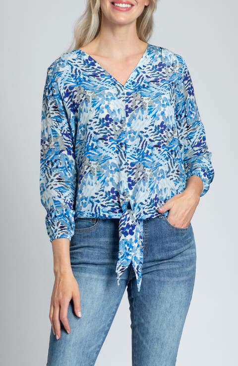 Print V-Neck Tie Front Chiffon Top