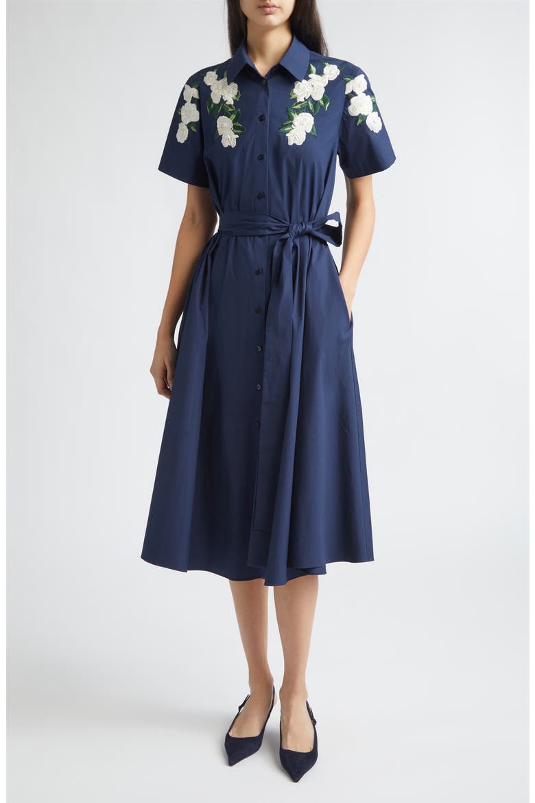 Floral Embroidered Midi Stretch Cotton Shirtdress, Main, color, MIDNIGHT