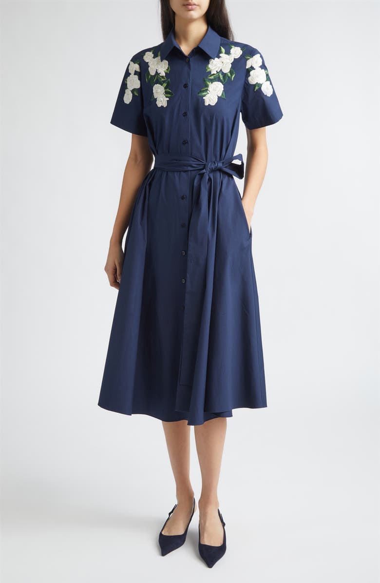 Carolina Herrera Floral Embroidered Midi Stretch Cotton Shirtdress, Main, color, Midnight
