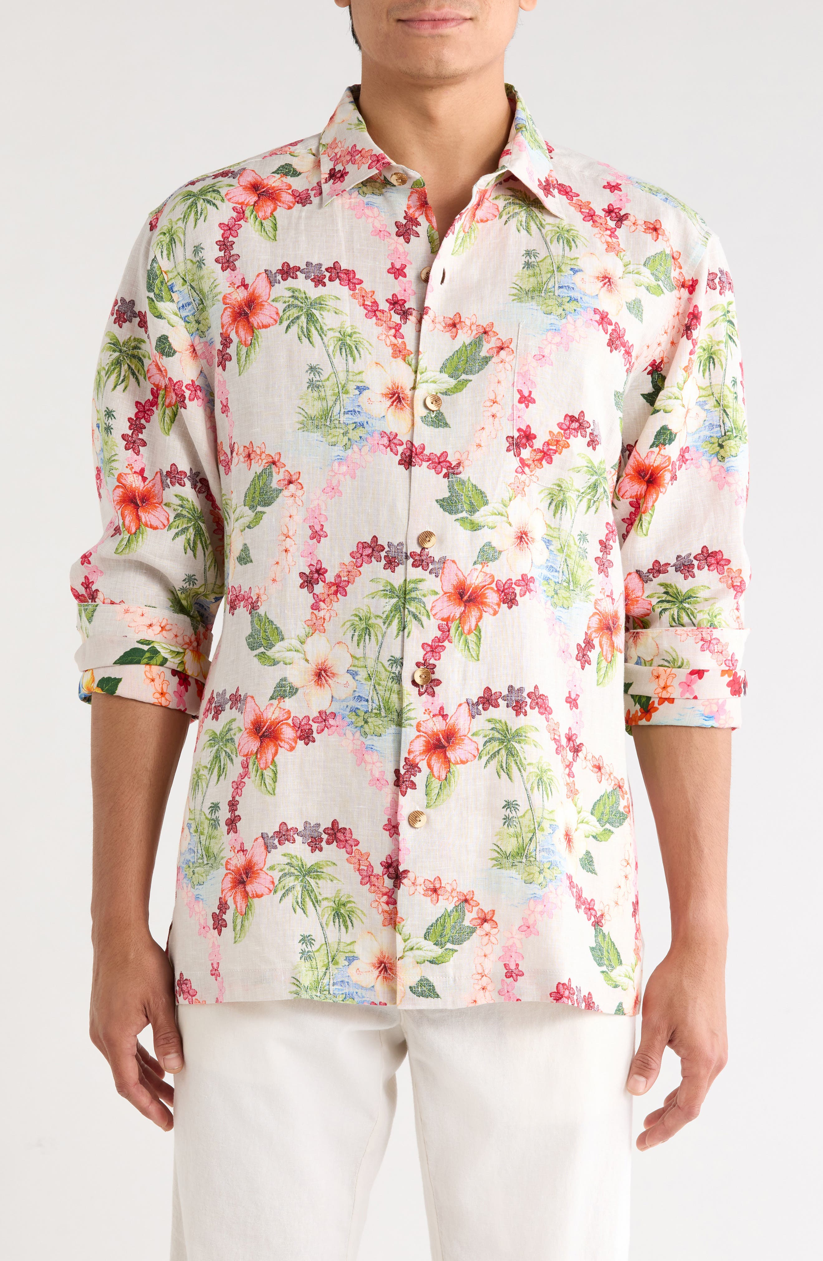 Lei-Z Days Floral Linen Long Sleeve Button Up Shirt