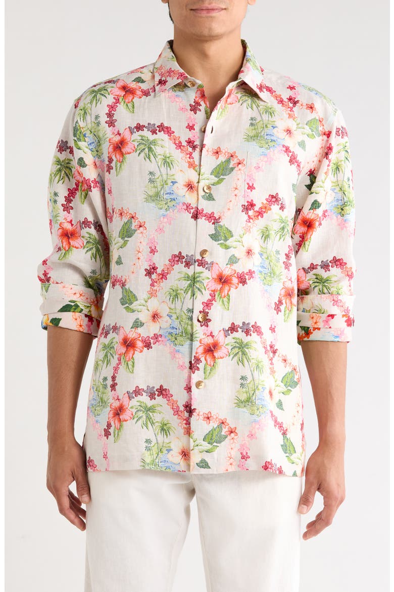 Lei-Z Days Floral Linen Long Sleeve Button Up Shirt, Main, color, CAMEO