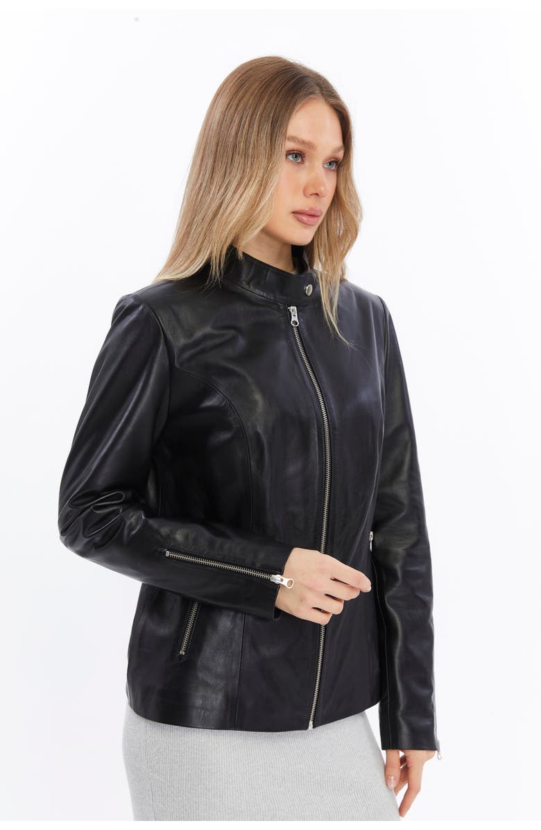 Furniq UK Elspeth Leather Jacket, Alternate, color, Black