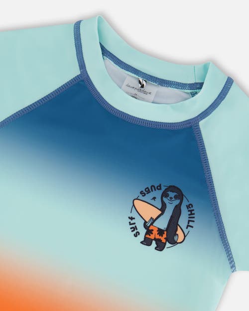 Deux Par Deux Little Boy's Short Sleeve Rashguard Navy Blue, Turquoise, And Orange In Navy Blue Turquoise And Orange