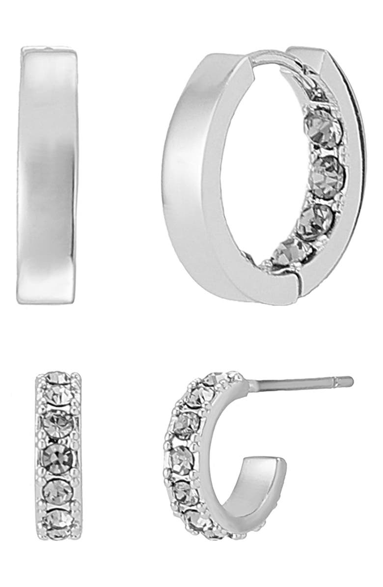 AllSaints 2 Pairs of Huggie Hoop Earrings, Main, color, Rhodium