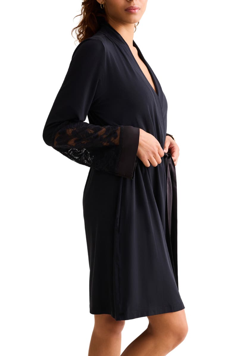 Fleur't Parisian Nights Lace Trim Short Robe, Alternate, color, Black