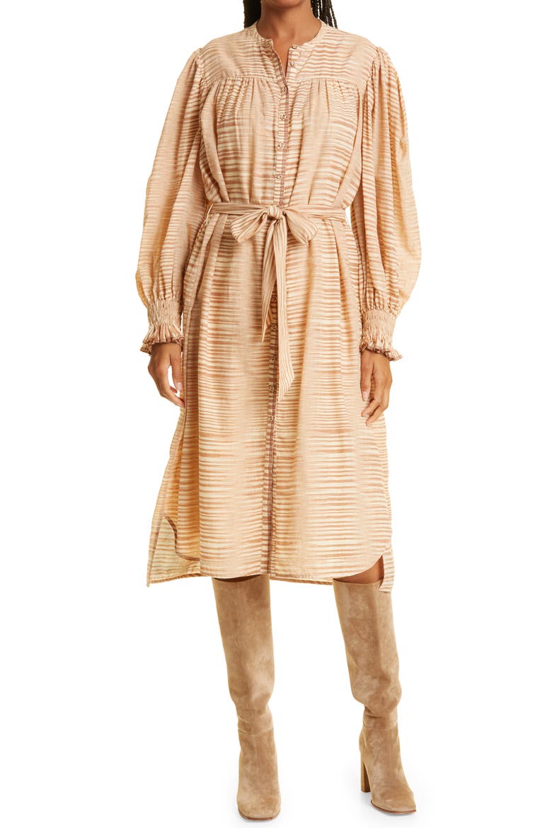 Fiora Ruffle Midi Dress, Alternate, color, FAWN