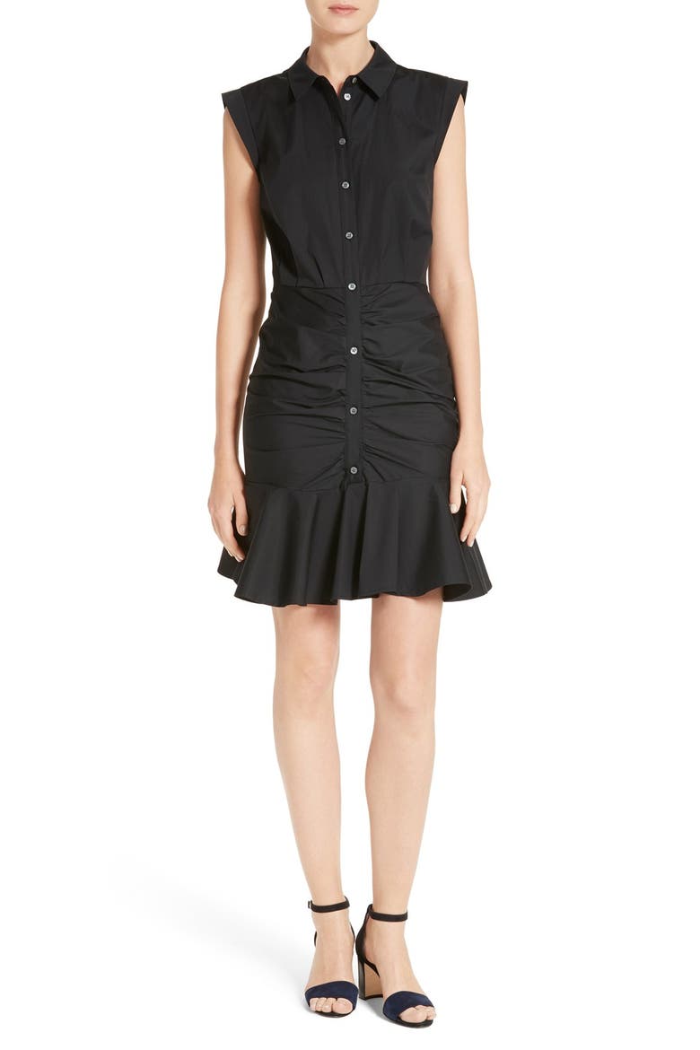 Flare Hem Ruched Shirtdress, Main, color, BLACK