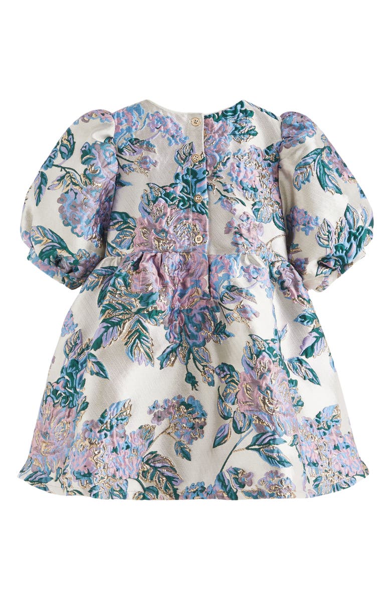 NEXT Kids' Floral Metallic Jacquard Puff Sleeve Dress, Alternate, color, 